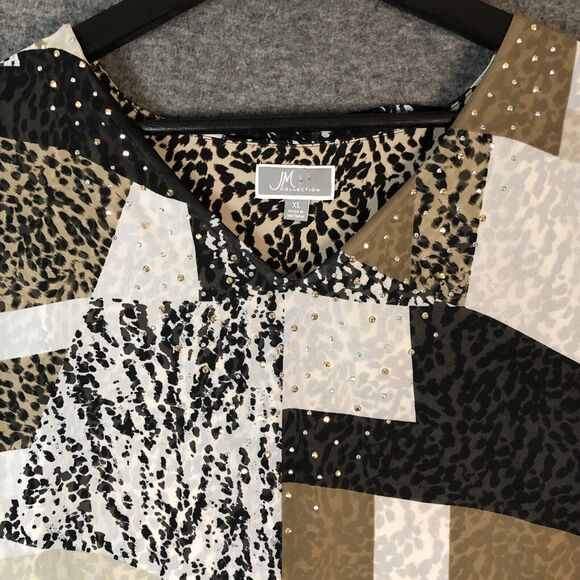 JM Collection Top Women XL Leopard Print Tunic 3/4-SLV Earth Tones Studded Lined - Picture 3 of 8